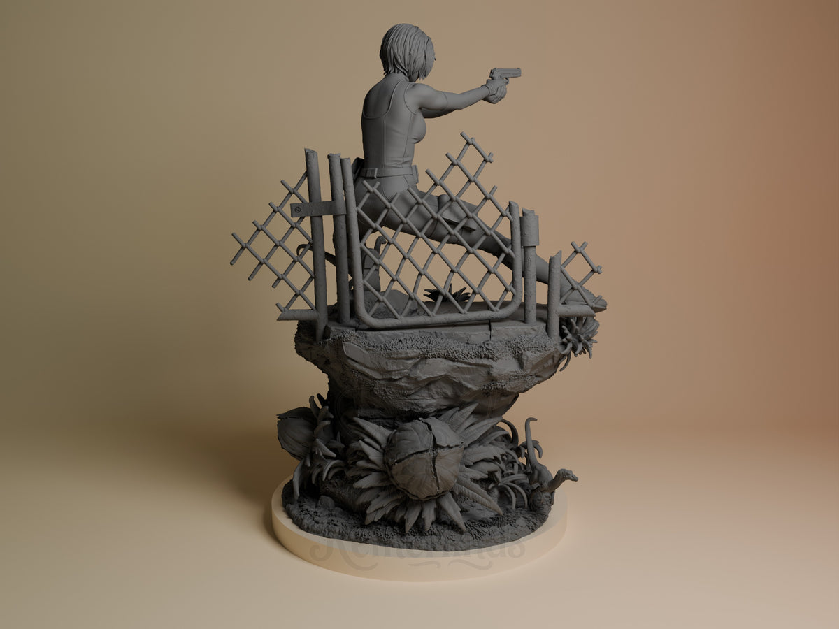Regina from Dino Crisis resin figure shown from behind, standing on ornate base with dragon motif, aiming pistol, unpainted gray resin.