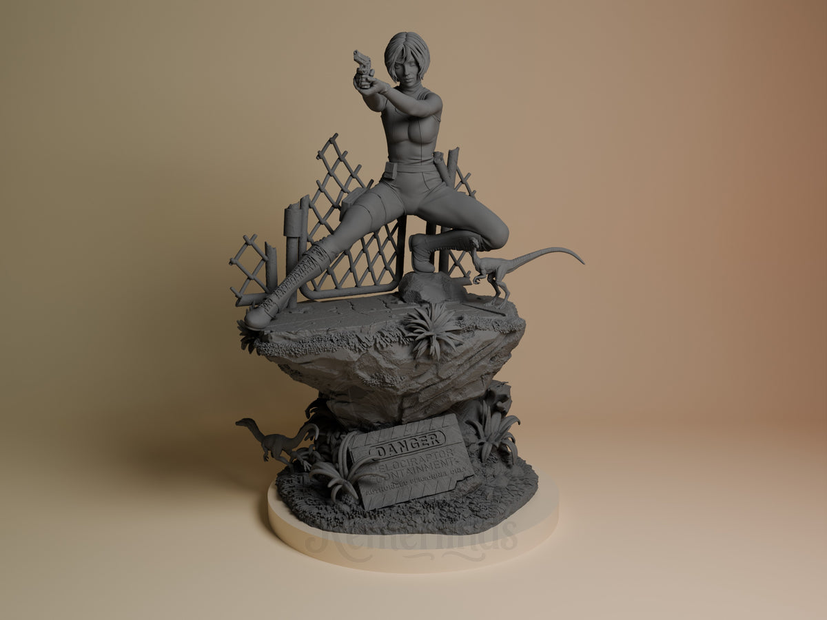 Regina from Dino Crisis unpainted resin figure, front view, posed on rocky base with dinosaur and fence details, holding weapon.