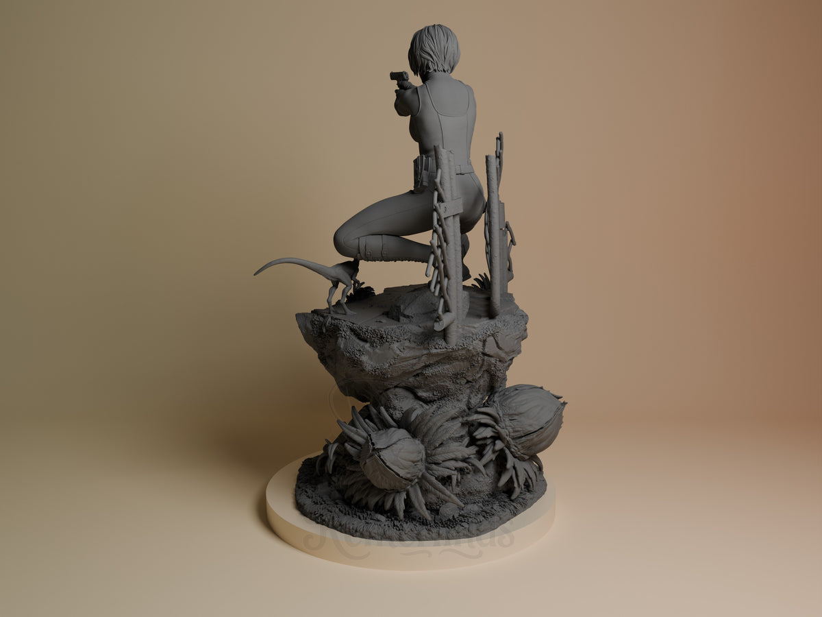 Regina from Dino Crisis resin figure shown from left side, kneeling on rocky base with gun raised, detailed unpainted gray sculpture.