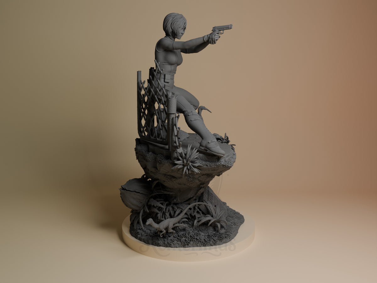 Regina from Dino Crisis resin figure posed on rocky base, aiming pistol, unpainted gray polymer, side angle view.