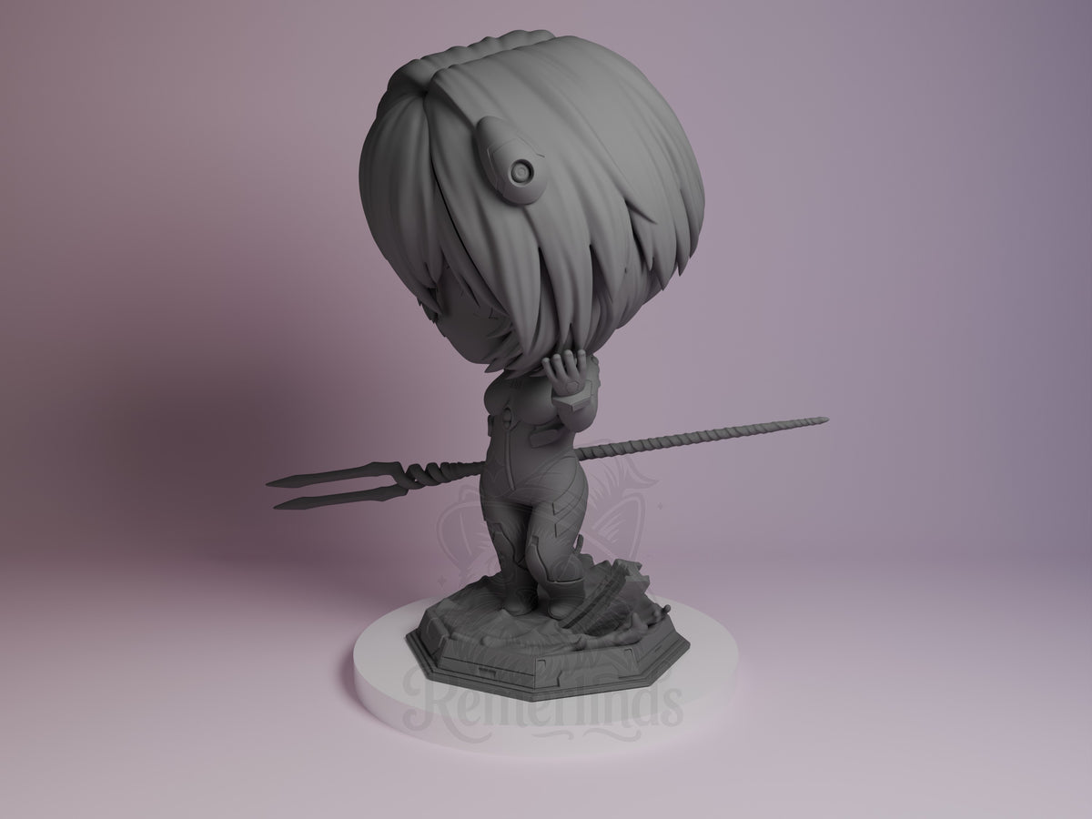 Blue-haired pilot resin Chibi figure from Aeon Genesis Mecha shown in side angle, wielding dual staff weapons, unpainted gray finish on hexagonal base.