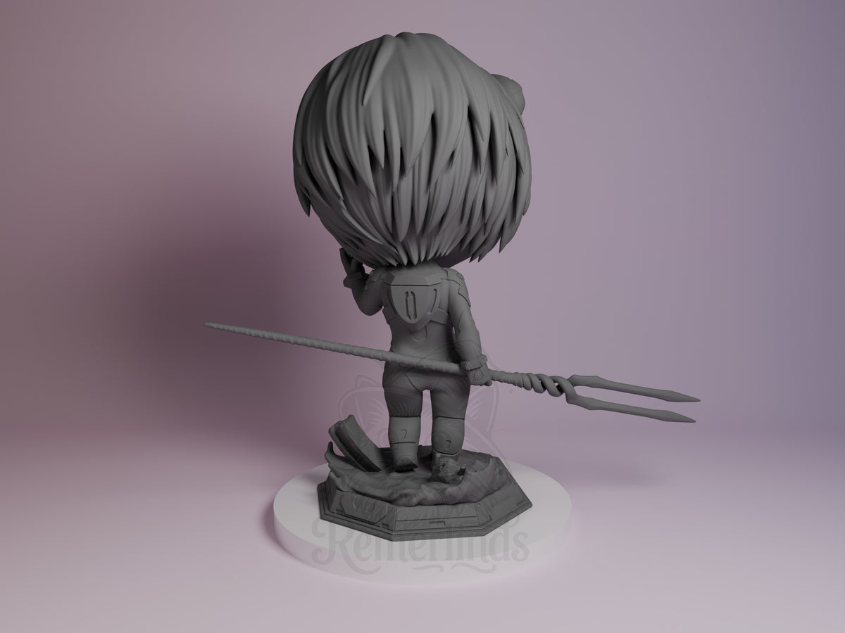 Blue-haired Chibi pilot figure from rear view holding staff weapon, unpainted gray resin, detailed base, Aeon Genesis Mecha.