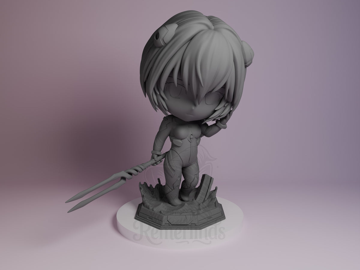 Blue-haired Chibi pilot figure from Aeon Genesis Mecha, front view, unpainted resin with dual swords, standing on geometric base.