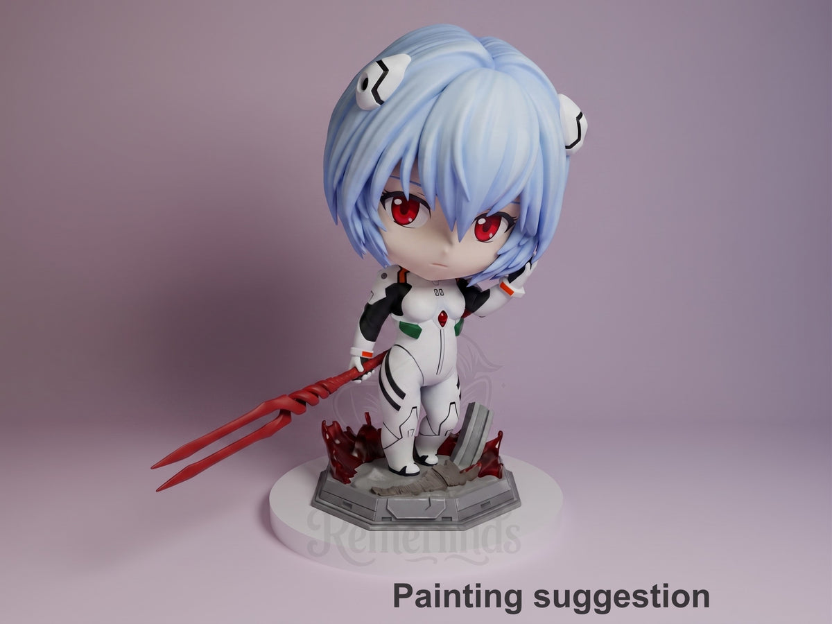 Chibi pilot figure with light blue hair and red eyes in white mecha suit, holding red spear, standing on gray base against purple background.