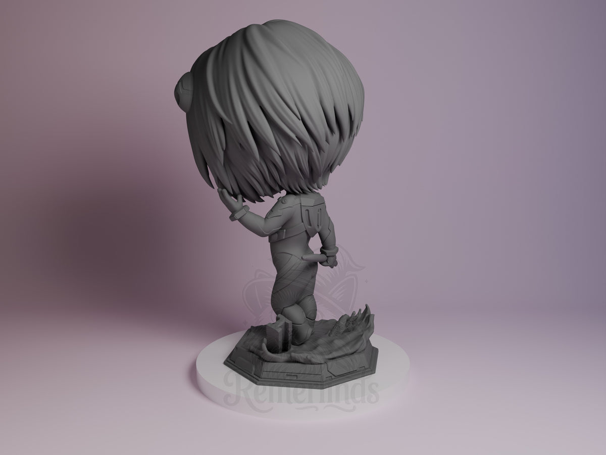 Blue-haired Chibi pilot figure from rear view, showing detailed resin sculpting, flowing hair, pilot suit, and octagonal base on purple background.
