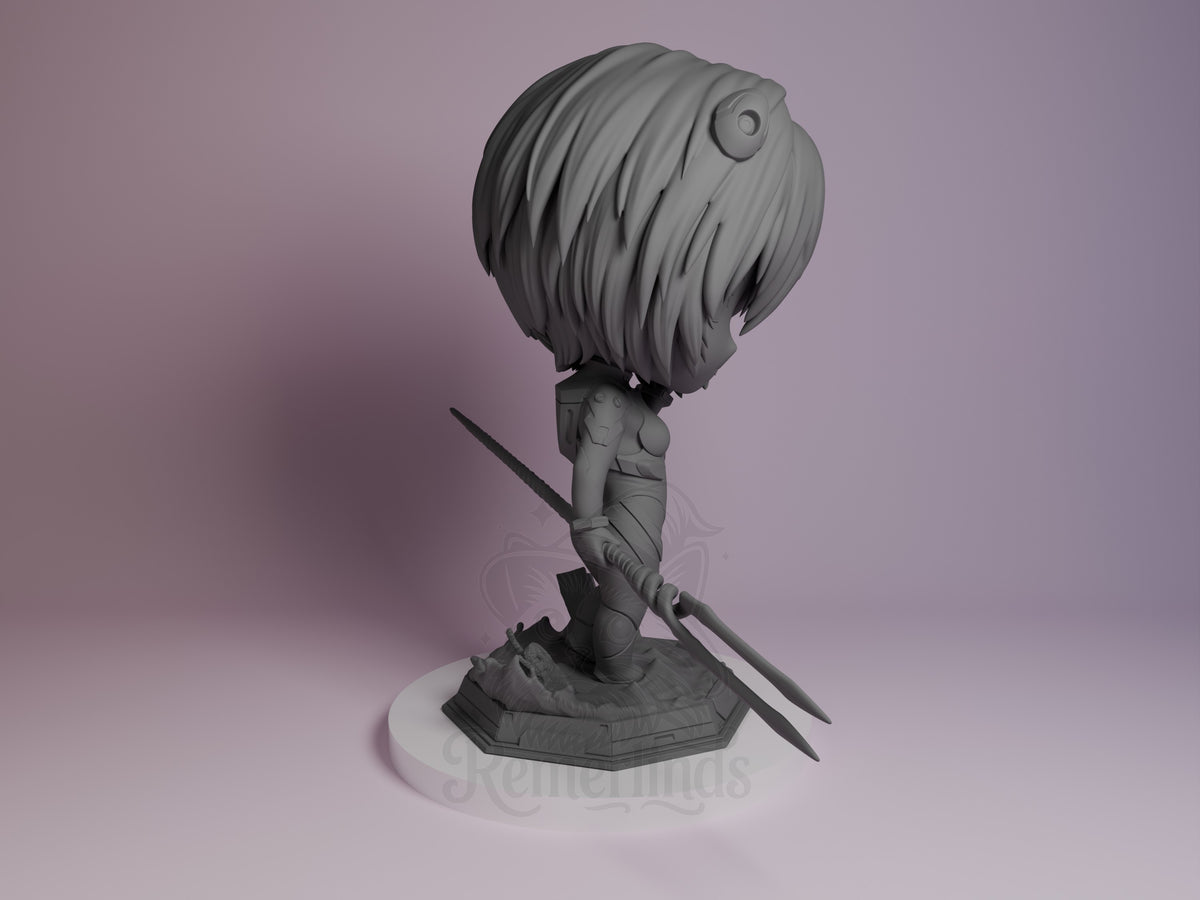 Blue-haired Chibi pilot figure from Aeon Genesis Mecha, unpainted gray resin, shown from right angle holding sword with distinctive helmet and base.