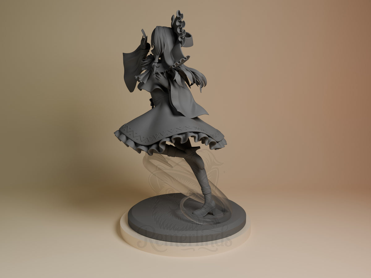 Reimu Hakurei resin figure from Touhou Project shown from angled side view, unpainted gray resin with dynamic twirling pose on circular base.