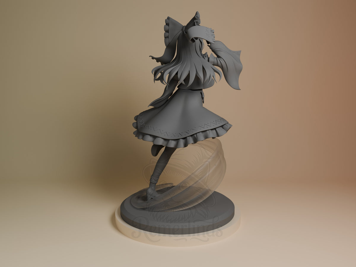 Reimu Hakurei resin figure from Touhou Project shown from back angle, unpainted gray, mid-turn pose with flowing hair and skirt details on circular base.