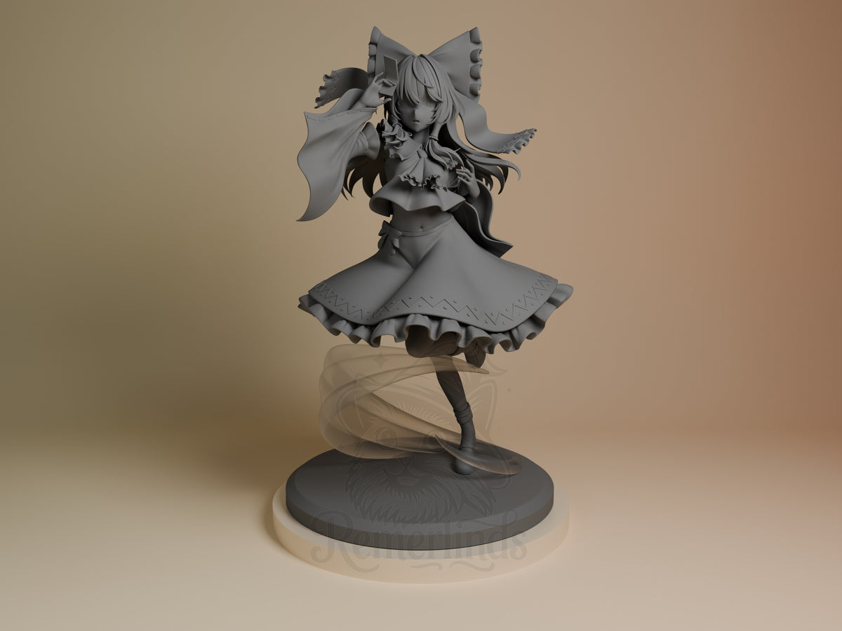 Reimu Hakurei resin figure from Touhou Project, unpainted gray, front view showing wing details and flowing skirt on circular base.