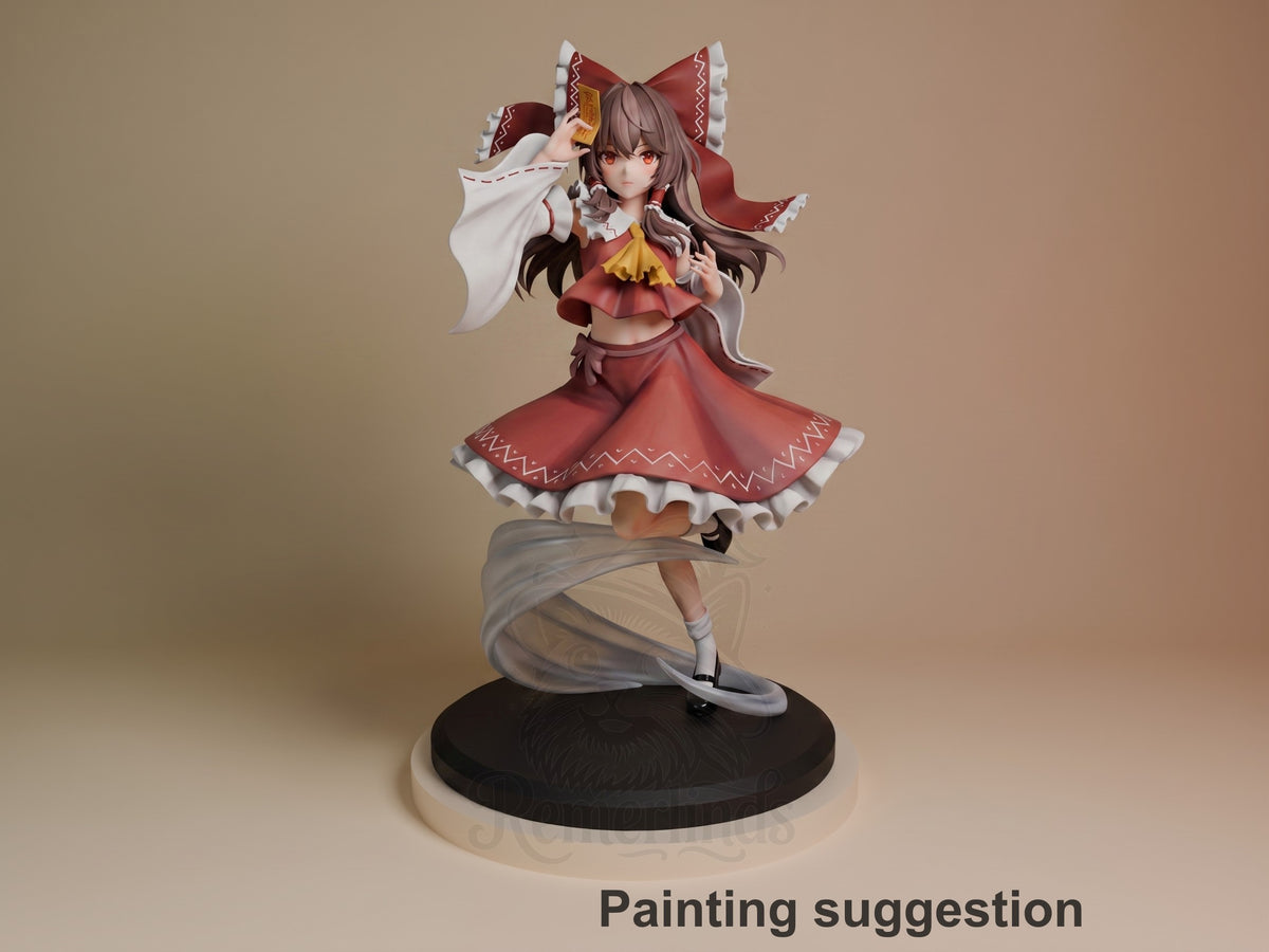 Reimu Hakurei resin figure in red and white shrine maiden outfit, posed dynamically on black base, painted with detailed hair and clothing accents.