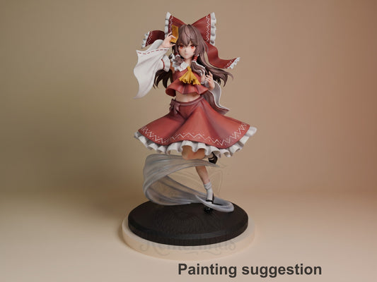 Reimu Hakurei resin figure in red and white shrine maiden outfit, posed dynamically on black base, painted with detailed hair and clothing accents.