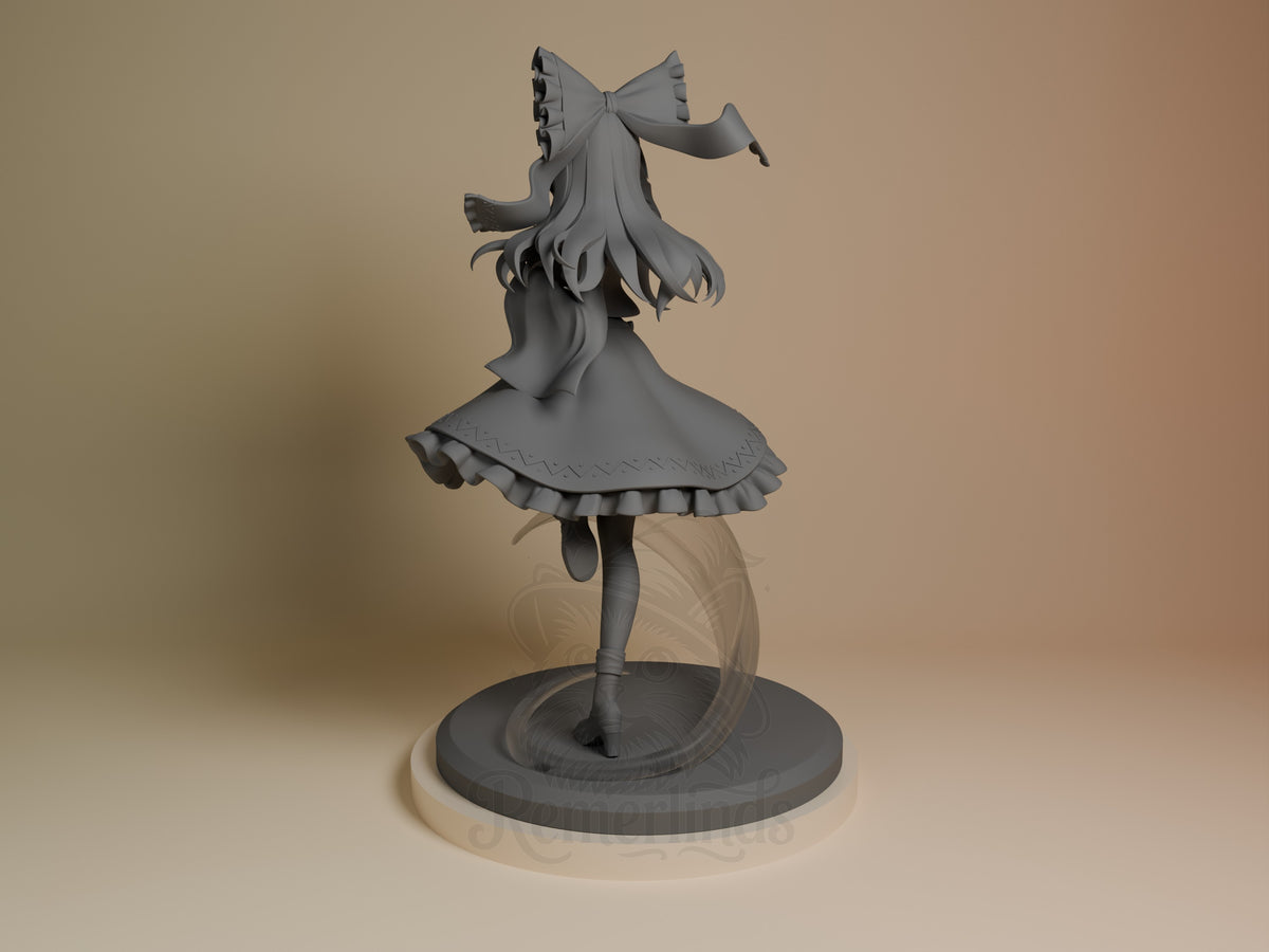 Reimu Hakurei resin figure from Touhou Project shown from left side, unpainted gray, mid-twirl pose with flowing hair and dress on round base.