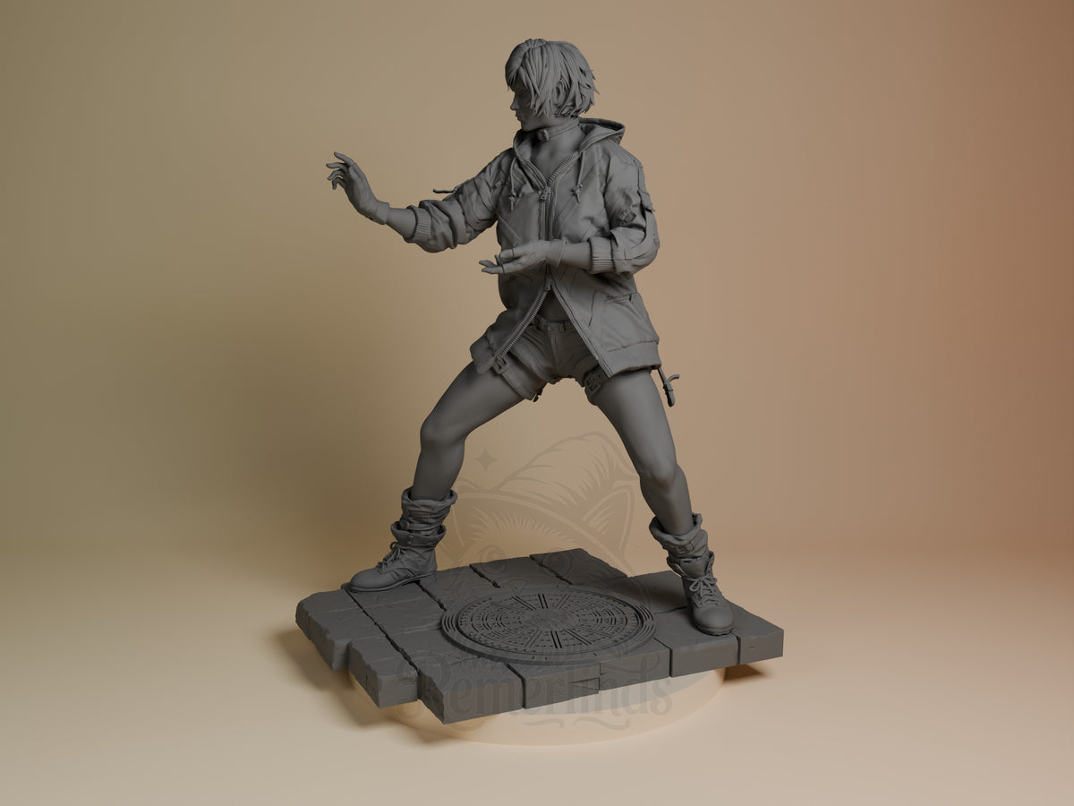 Reina from Tekken 3D resin figure shown at angle, unpainted gray, dynamic fighting pose with extended arm, laced boots, detailed base with circular pattern.