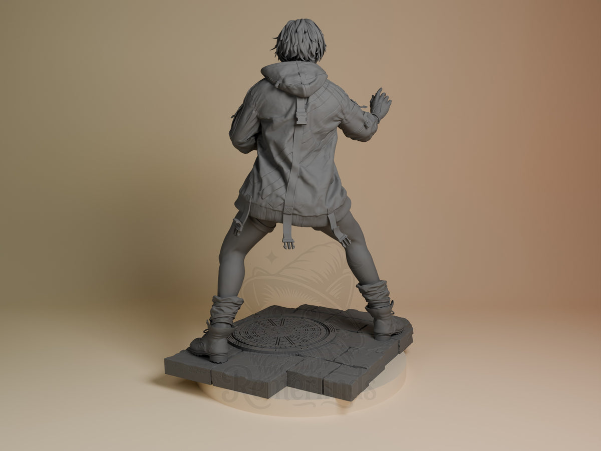Reina from Tekken resin figure shown from behind in dynamic stance, unpainted gray, detailed base with circular pattern.
