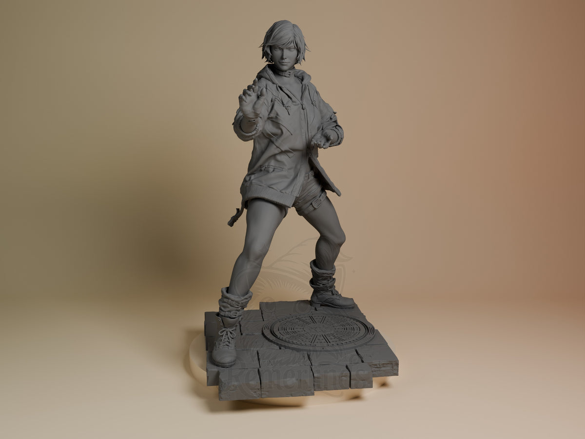 Reina from Tekken resin figure in unpainted gray, posed dynamically on decorative base, front view.