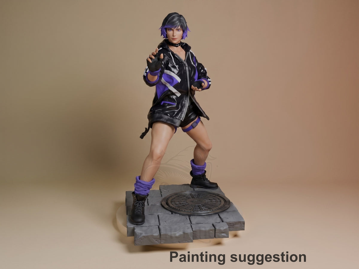 Reina from Tekken resin figure in purple and black outfit, dynamic fighting pose on stone base, fully painted with detailed base details.