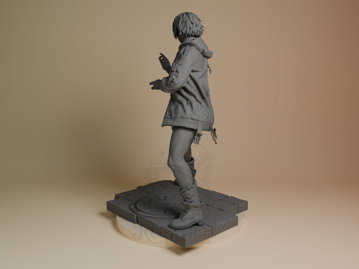 Reina from Tekken resin figure shown from left side, standing pose on textured base, unpainted gray finish, detailed clothing and accessories visible.