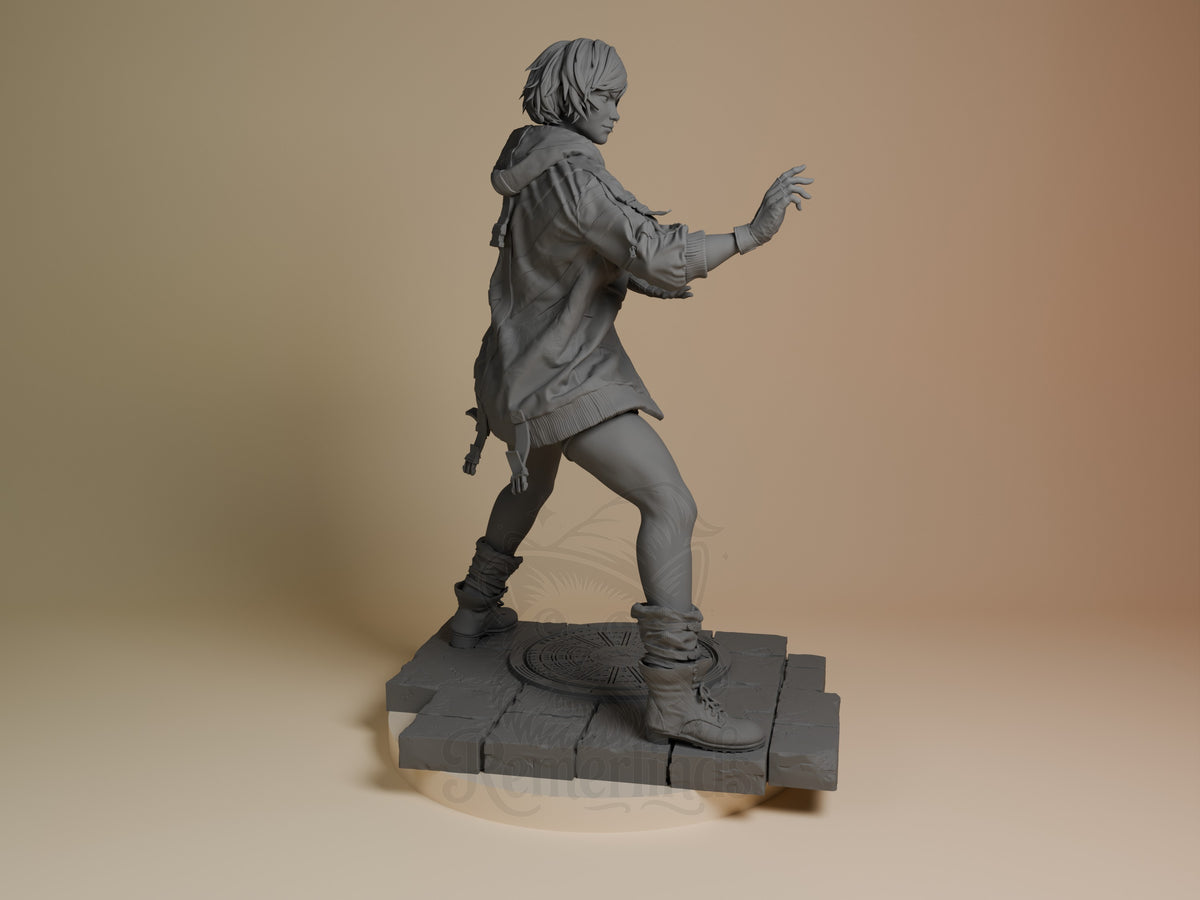 Reina from Tekken resin figure shown in right profile, dynamic fighting stance with extended arm, unpainted gray finish on rectangular base.