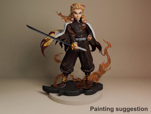 Rengoku resin figure from Demon Slayer in painted black outfit, wielding katana sword, dynamic stance on flame-detailed base, front three-quarter view.