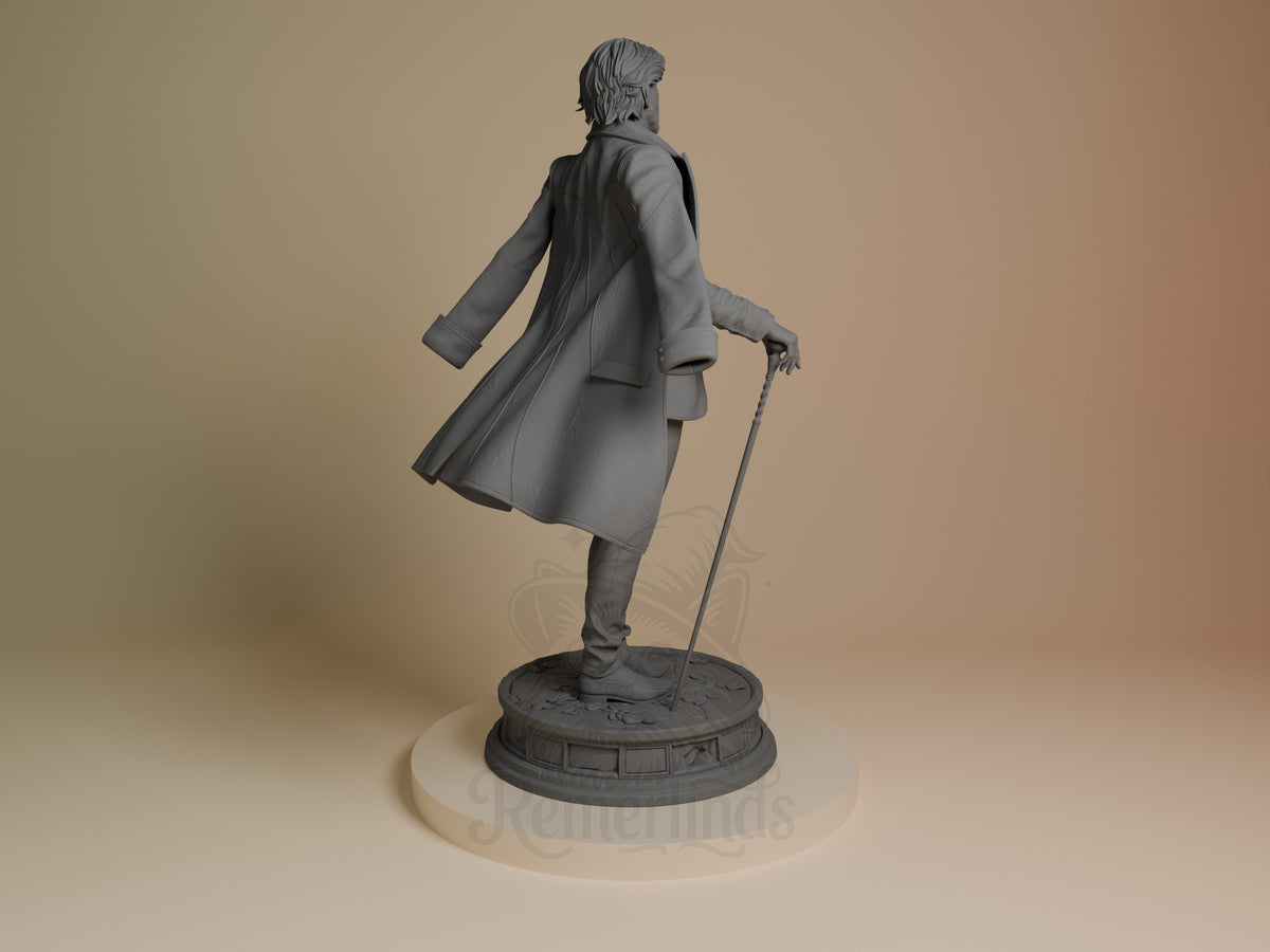 Back view of Renoir from Expedition 33, an unpainted resin figure with cane on a sculpted base.
