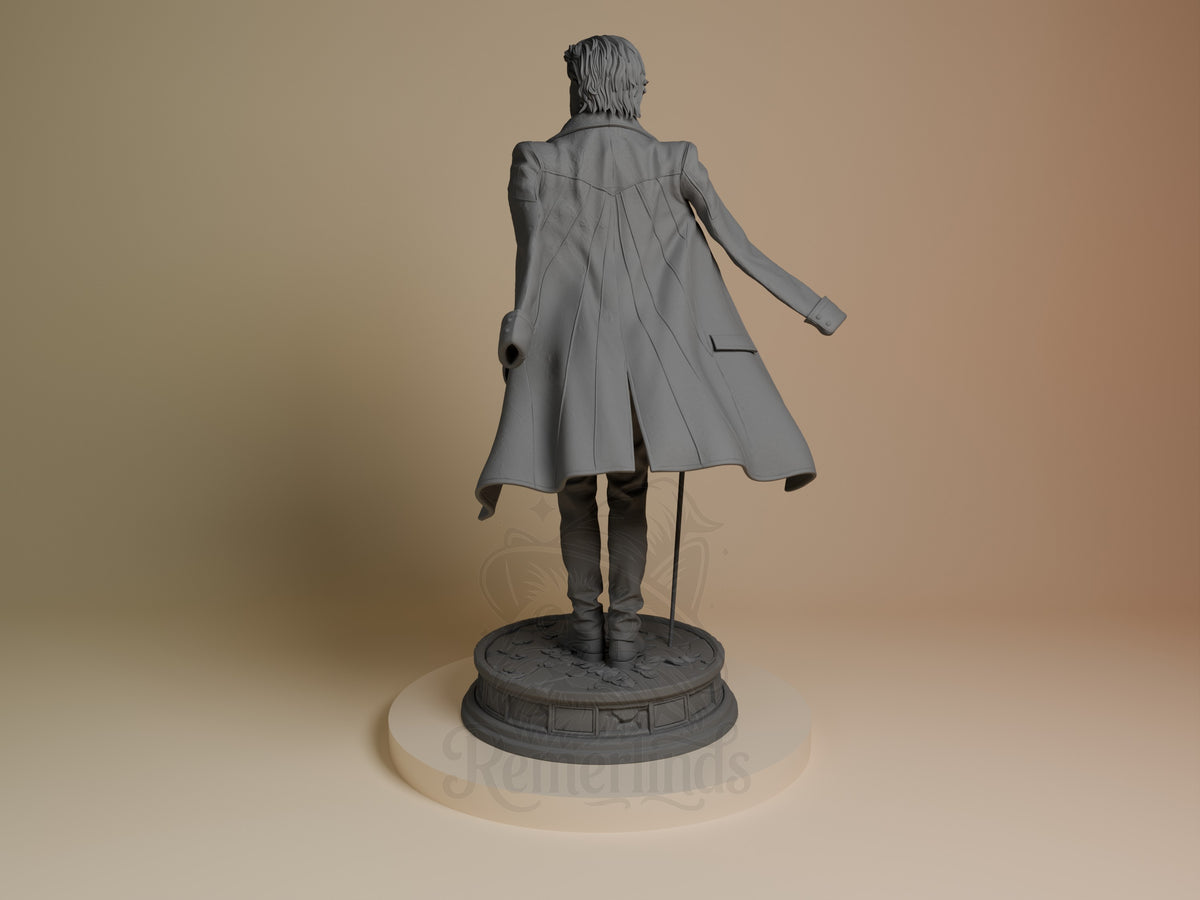 Rear-view Renoir from Expedition 33, an unpainted resin figure in a long coat with cane on a sculpted base.