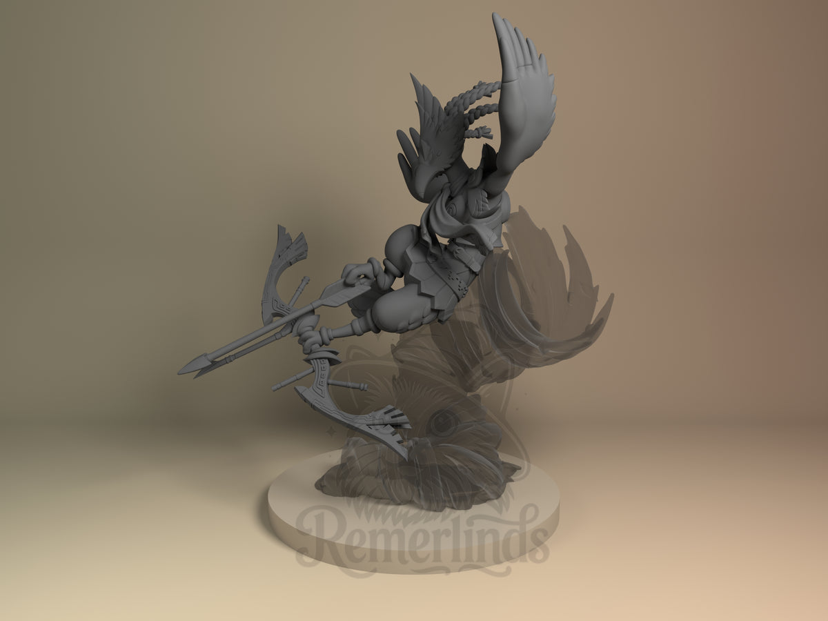Unpainted Rewale from Breathe the Wilderness is an angled resin figure with bow and spear on a sculpted base.