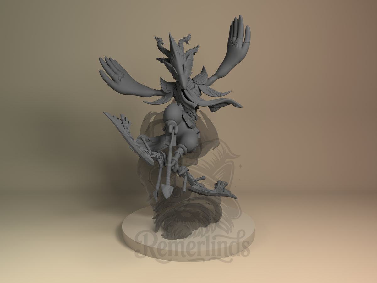Front view shows Rewale from Breathe the Wilderness, an unpainted resin figure seated with a bow and sculpted base.