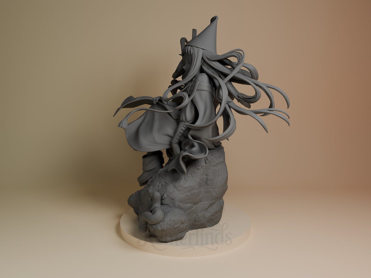 Richeh from Witch Hat Atelier is an unpainted resin figure at an angle on a sculpted base.