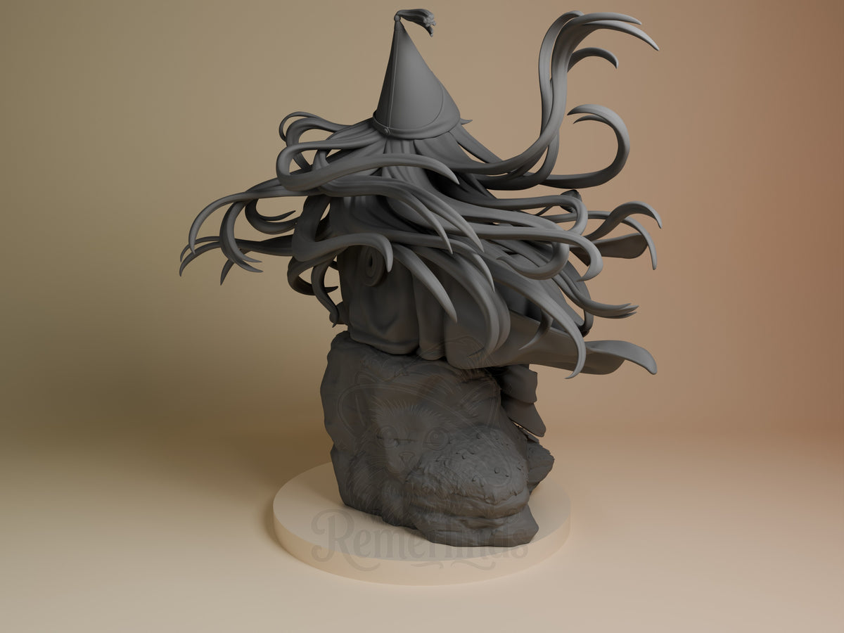 Back view of Richeh from Witch Hat Atelier, an unpainted resin figure with flowing hair and sculpted base.