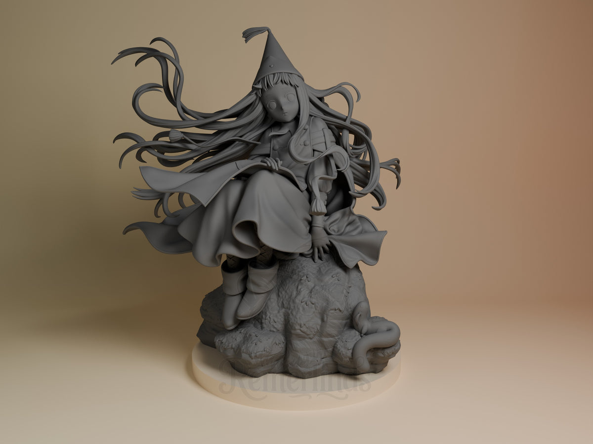 Richeh from Witch Hat Atelier is a front-facing, unpainted resin figure seated on a sculpted base.