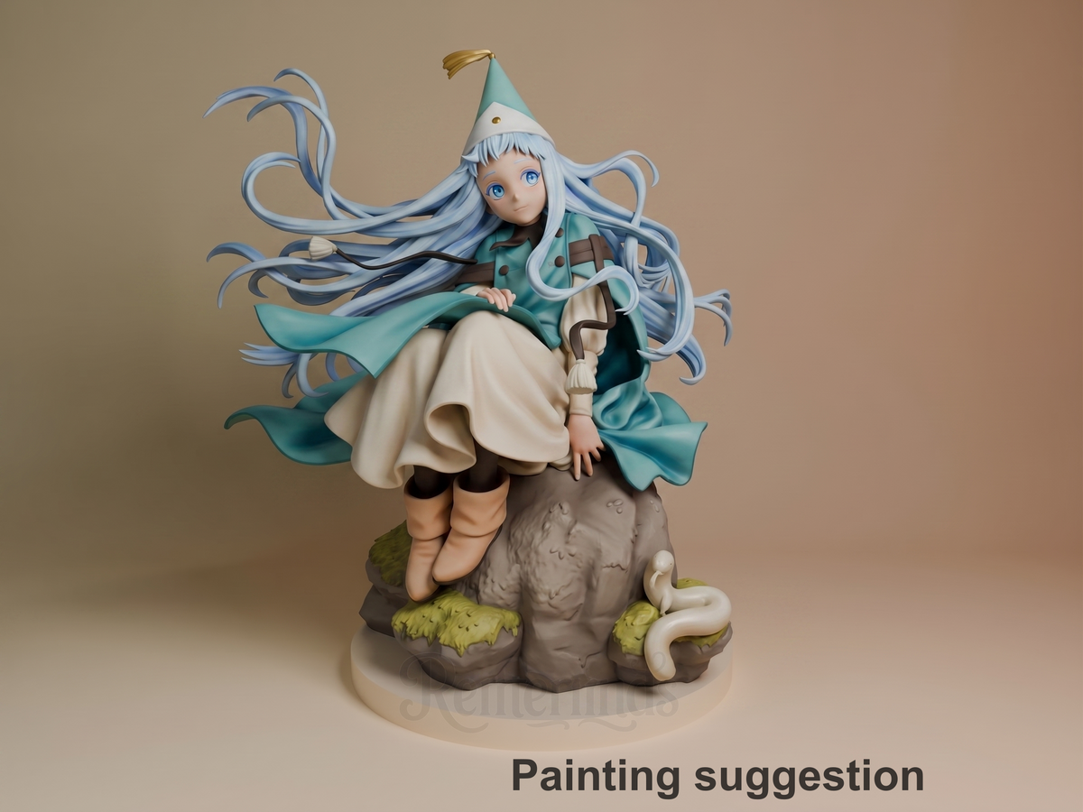 Painted Richeh from Witch Hat Atelier resin figure, seated on rocky base with hat.