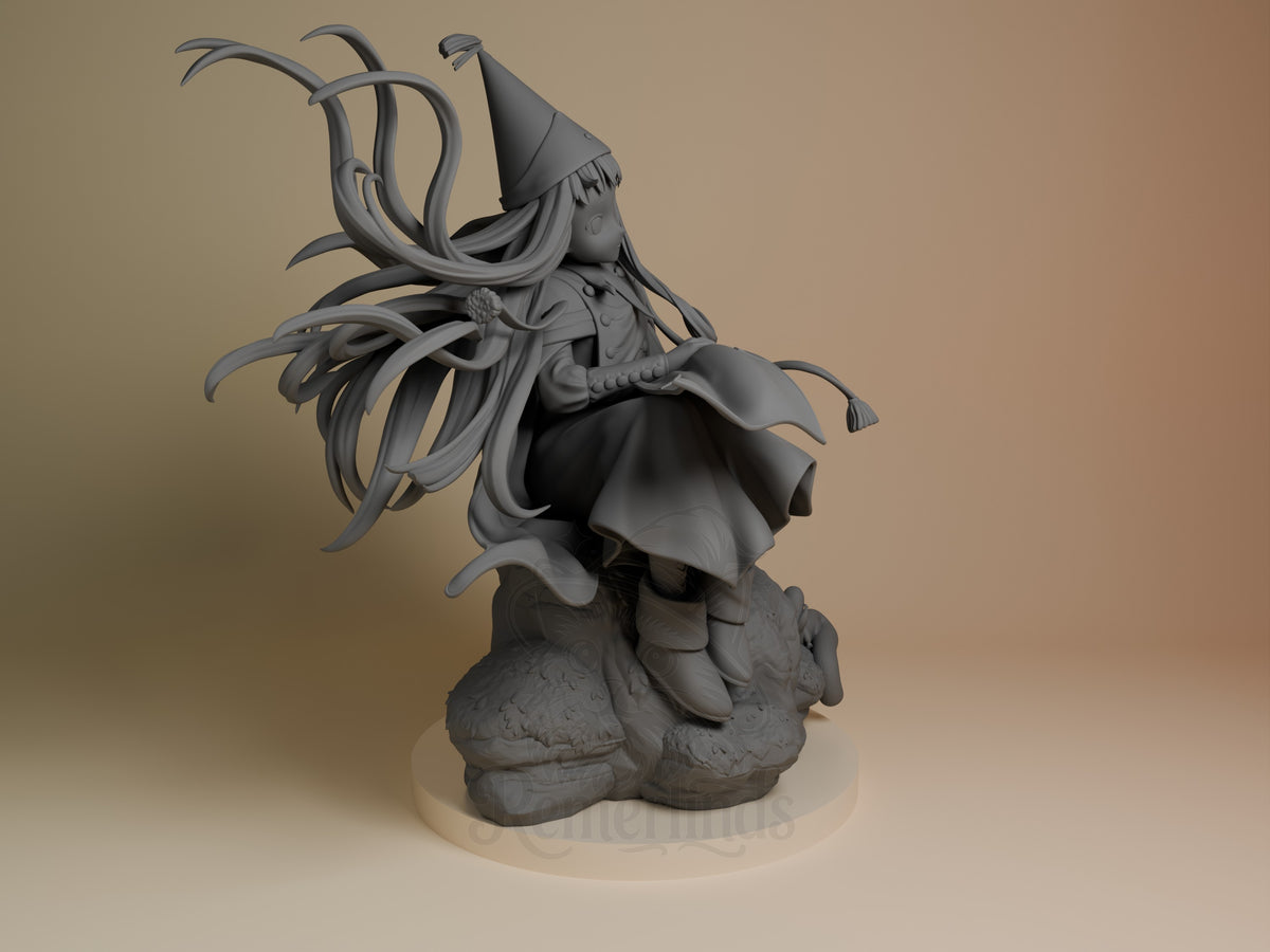 Richeh from Witch Hat Atelier is a gray, unpainted resin figure in right profile on a rocky base.