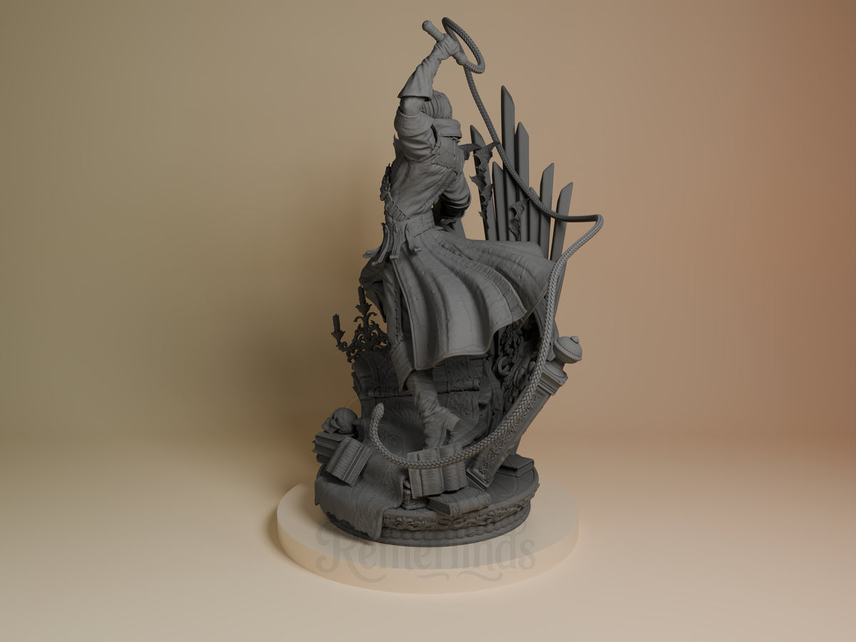 Richter Belmont resin figure shown from side angle, unpainted gray, mid-action pose with whip raised, detailed base, Castlevania collectible.