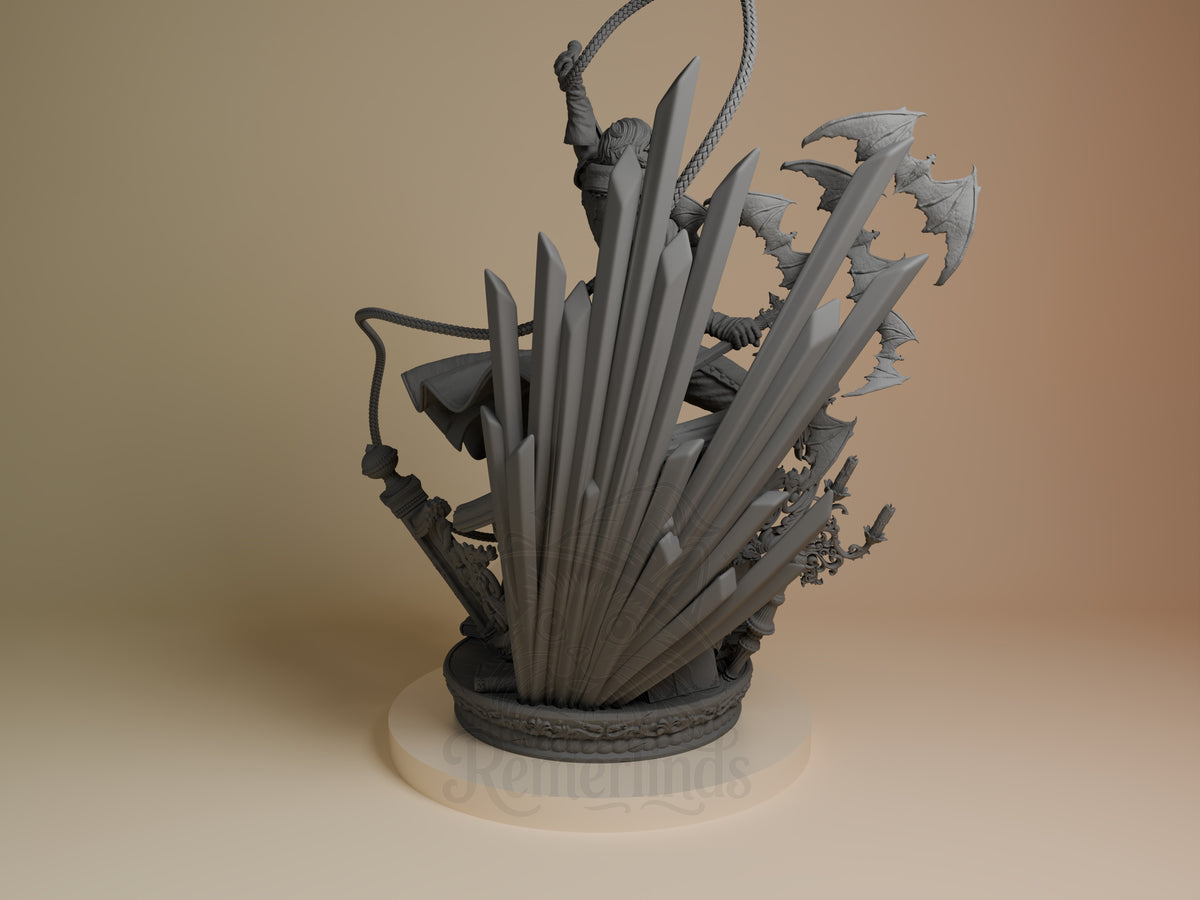 Richter Belmont resin figure shown from behind, wielding whip and array of weapons in dynamic pose on circular base.