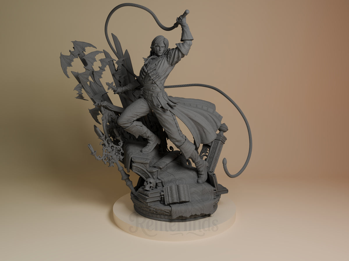 Richter Belmont resin figure in dynamic pose wielding whip and axe, unpainted gray resin, ornate base with debris, front angle view.
