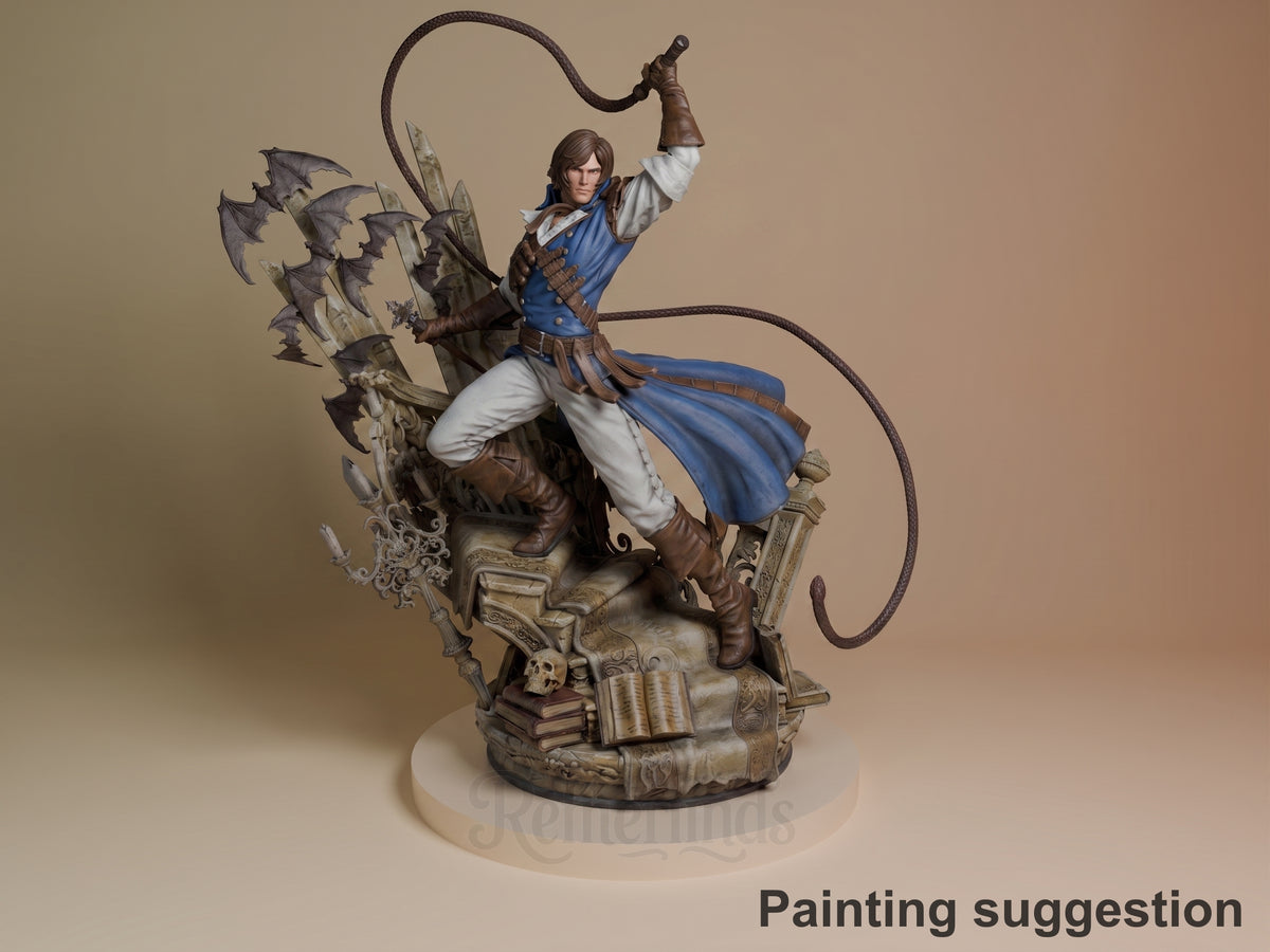 Richter Belmont resin figure in dynamic whip-wielding pose on ornate base, painted in blue coat and brown leather, showing detailed winged armor detail.