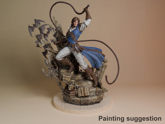 Richter Belmont resin figure in dynamic whip-wielding pose on ornate base, painted in blue coat and brown leather, showing detailed winged armor detail.