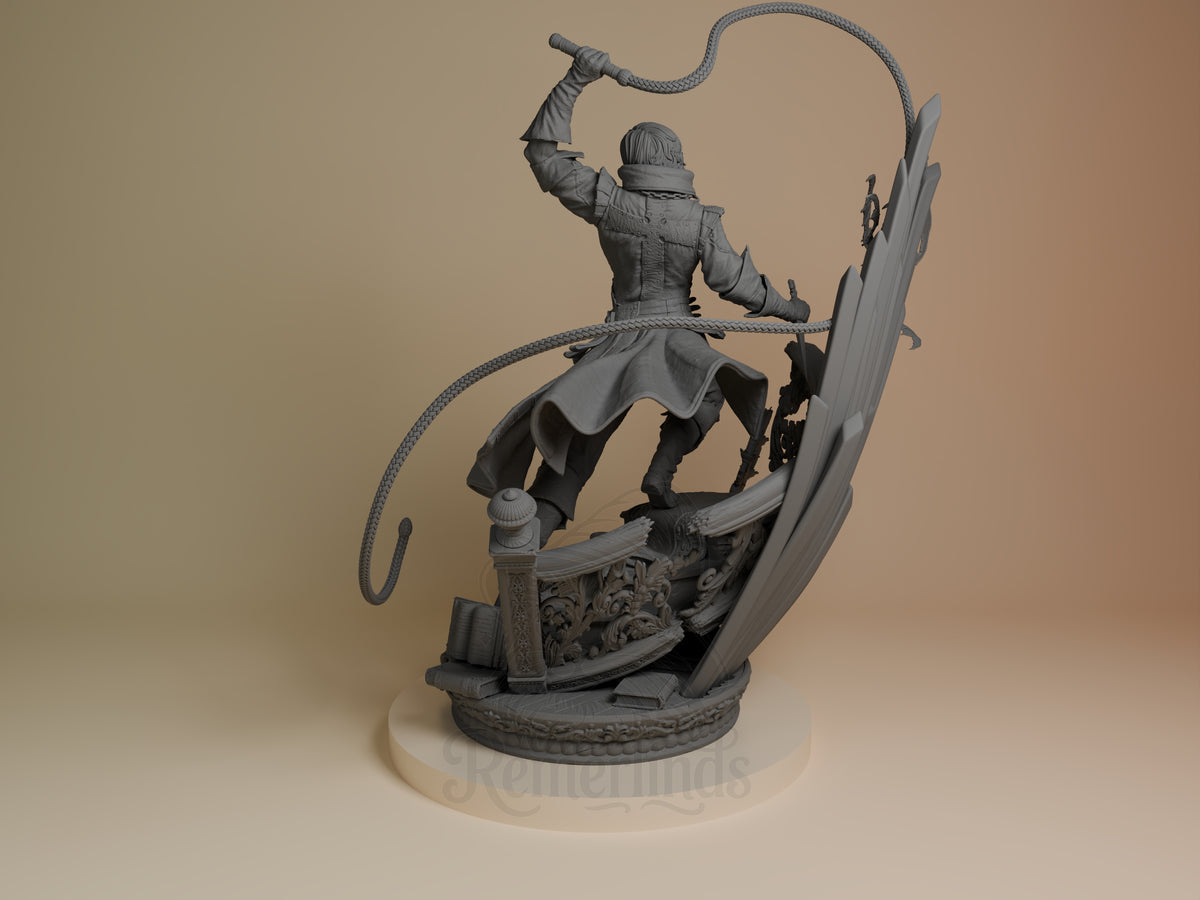Richter Belmont resin figure from Castlevania, shown from left angle wielding whip overhead, unpainted gray resin with ornate base and dynamic climbing pose.
