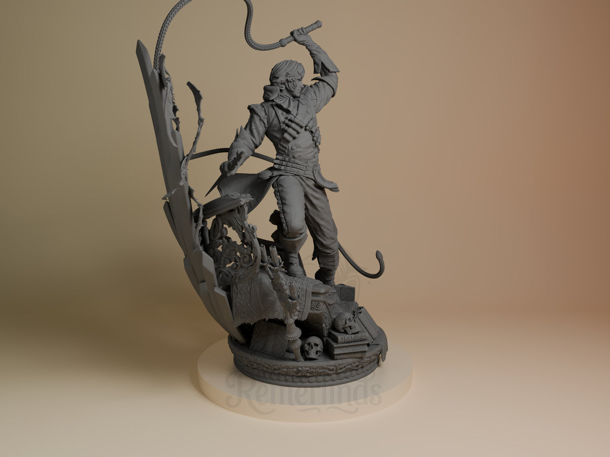 Richter Belmont resin figure from Castlevania in dynamic pose wielding whip and sword, shown from right angle on detailed base with skulls and ornate elements, unpainted gray resin.