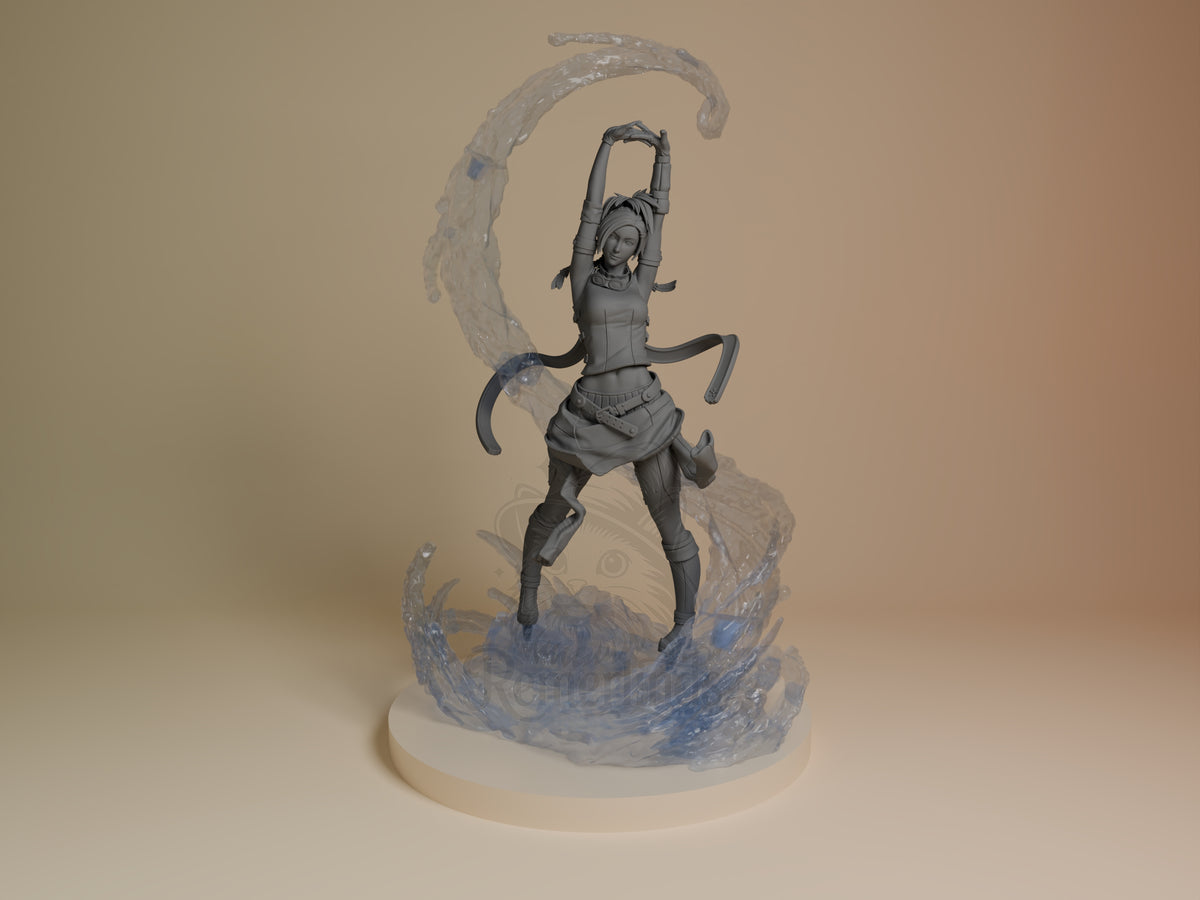 Rikku Final Fable 3D printed resin figure by Nomnom, unpainted front view. The miniature depicts the character Rikku in a dynamic action stance, conjuring or manipulating water magic. The translucent adorned water effect adds a sense of movement and energy, swirling from the base and climbing upwards around the figure. The detailed sculpting highlights her distinctive outfit and hair, emphasizing fluid motion and magical action.