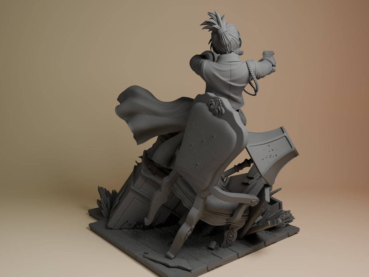 Back view of unpainted Rizza Hawkeye resin figure from Fullmetal Alchemist, aiming pistols on a sculpted base.
