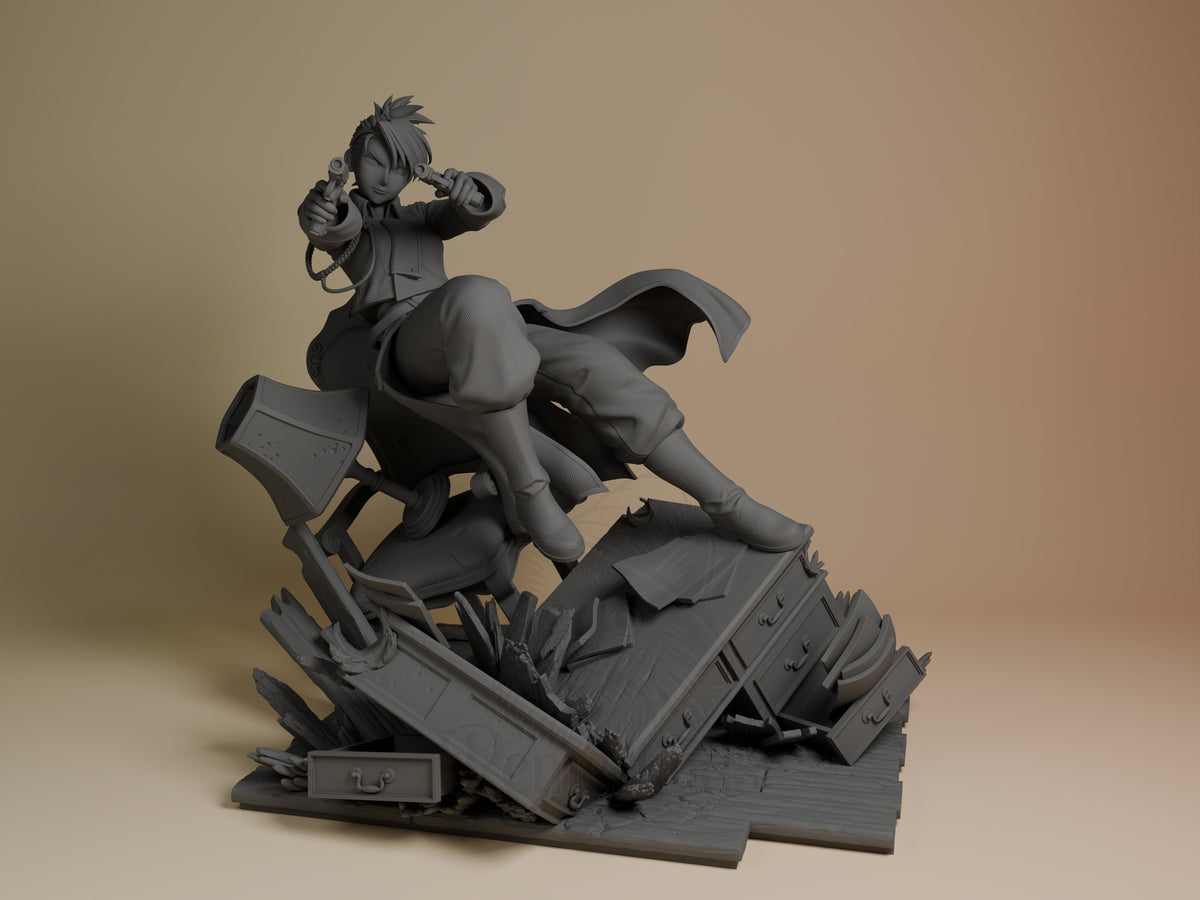 Front view of Rizza Hawkeye from Fullmetal Alchemist, an unpainted resin figure aiming guns above a sculpted base.