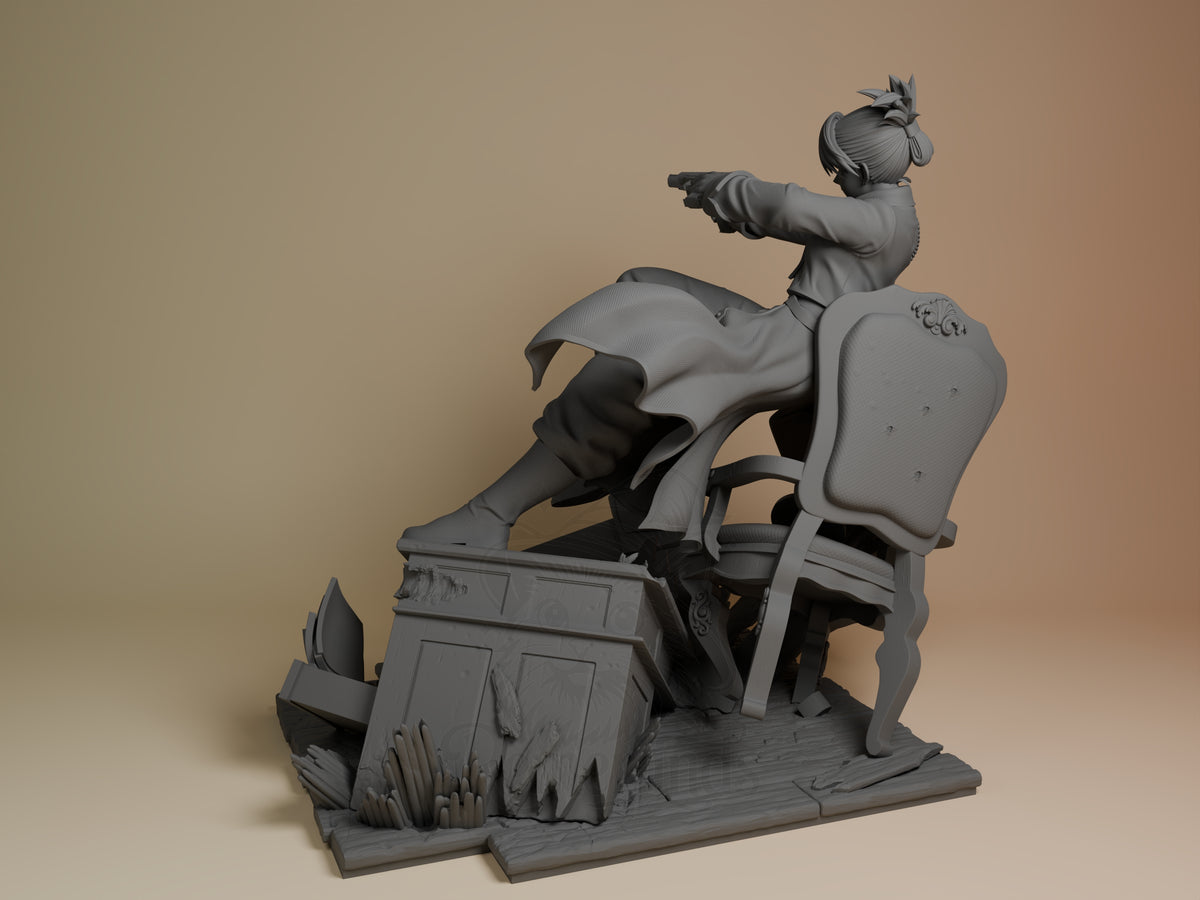 Rizza Hawkeye from Fullmetal Alchemist is an unpainted resin figure, aiming on a sculpted base.