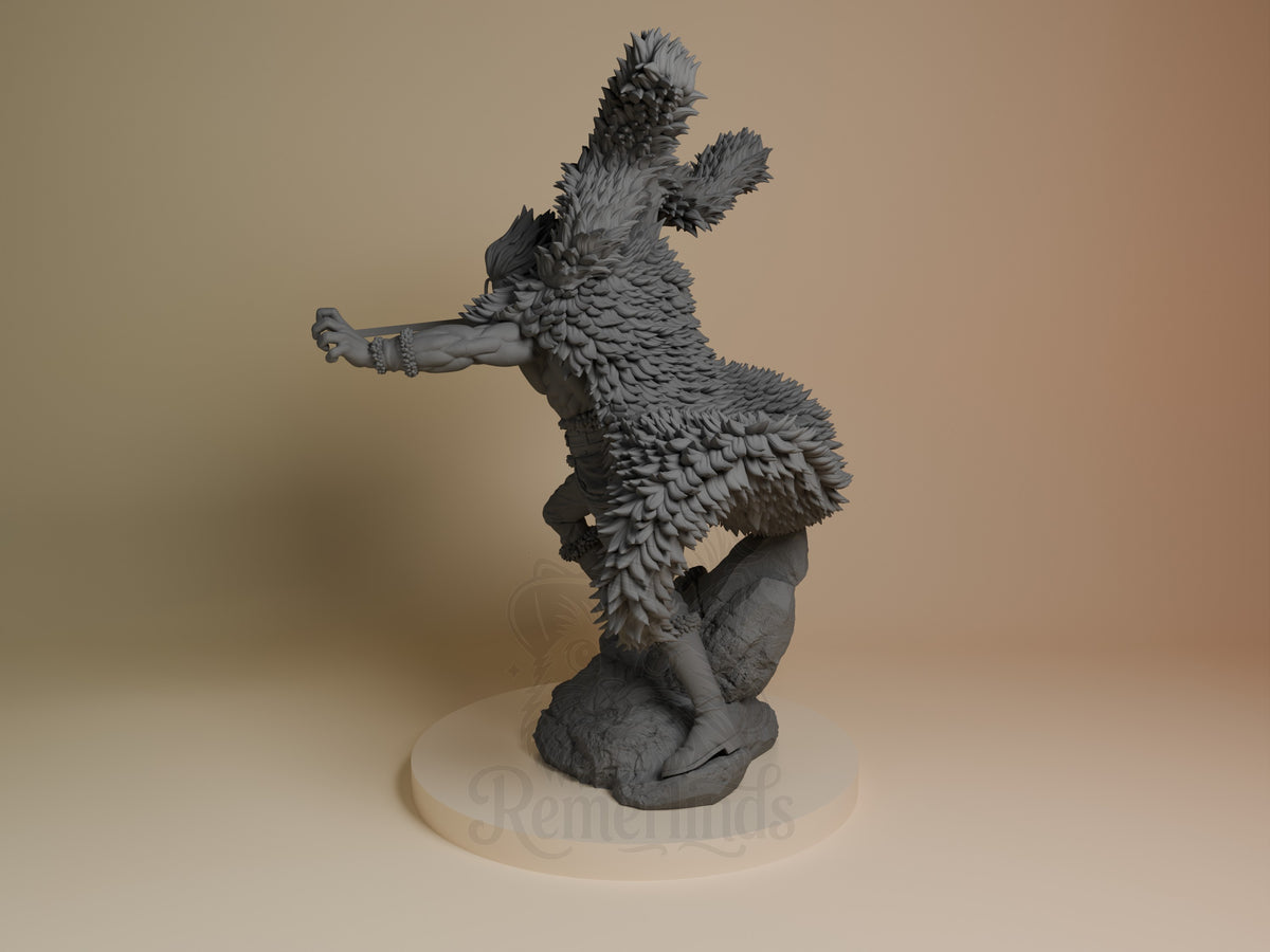 Rocks D. Xebec resin figure from One Piece, angled side view showing detailed feathered costume and extended arm pose on stone base.