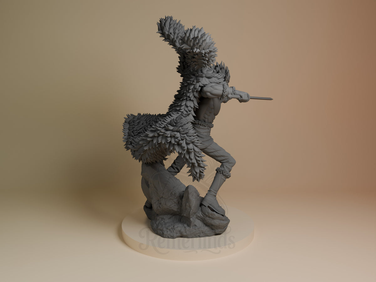 Rocks D. Xebec 3D printed resin figure from One Piece, shown from back angle in unpainted gray resin on cream base, displaying detailed feathered costume and weapon.