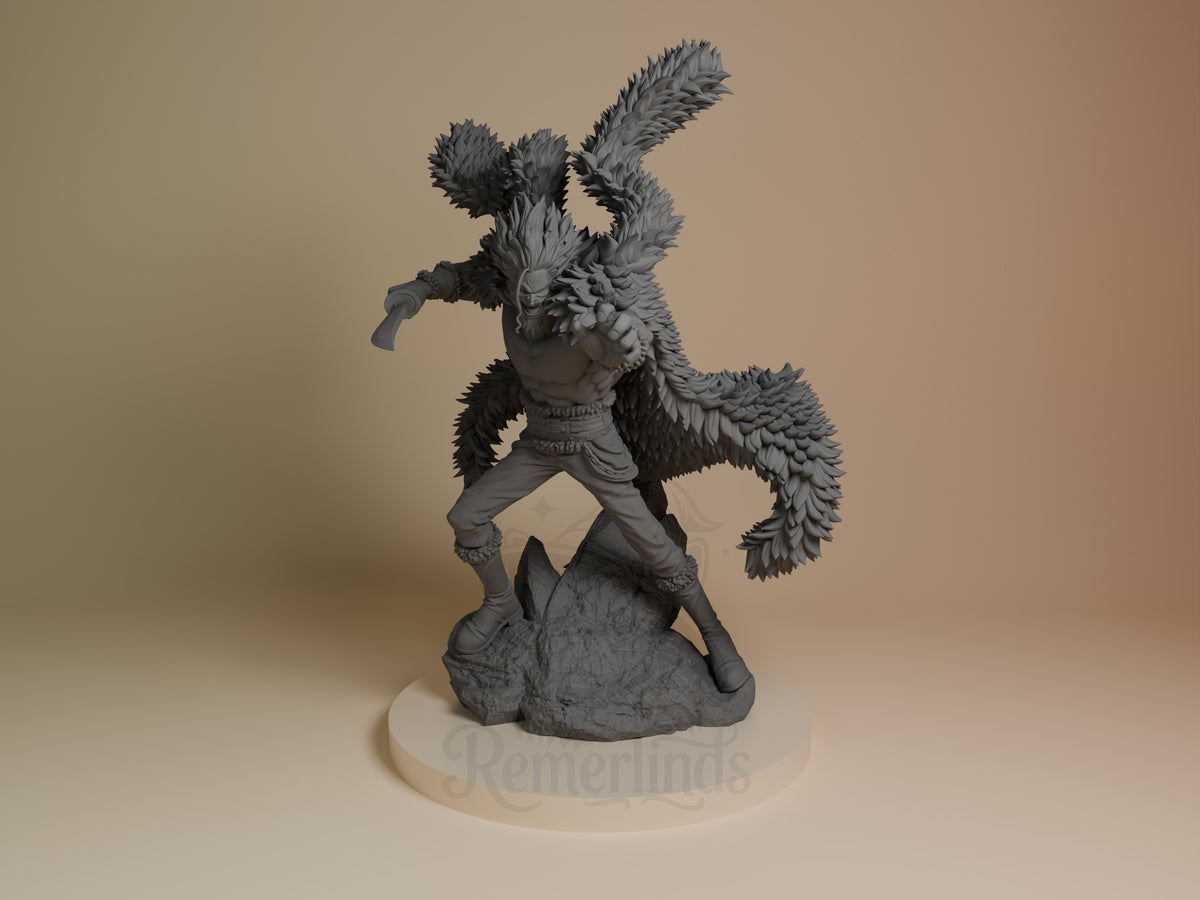 Unpainted resin figure of Rocks D. Xebec from One Piece in dynamic pose on rocky base, front view showing detailed wings and axe weapon.