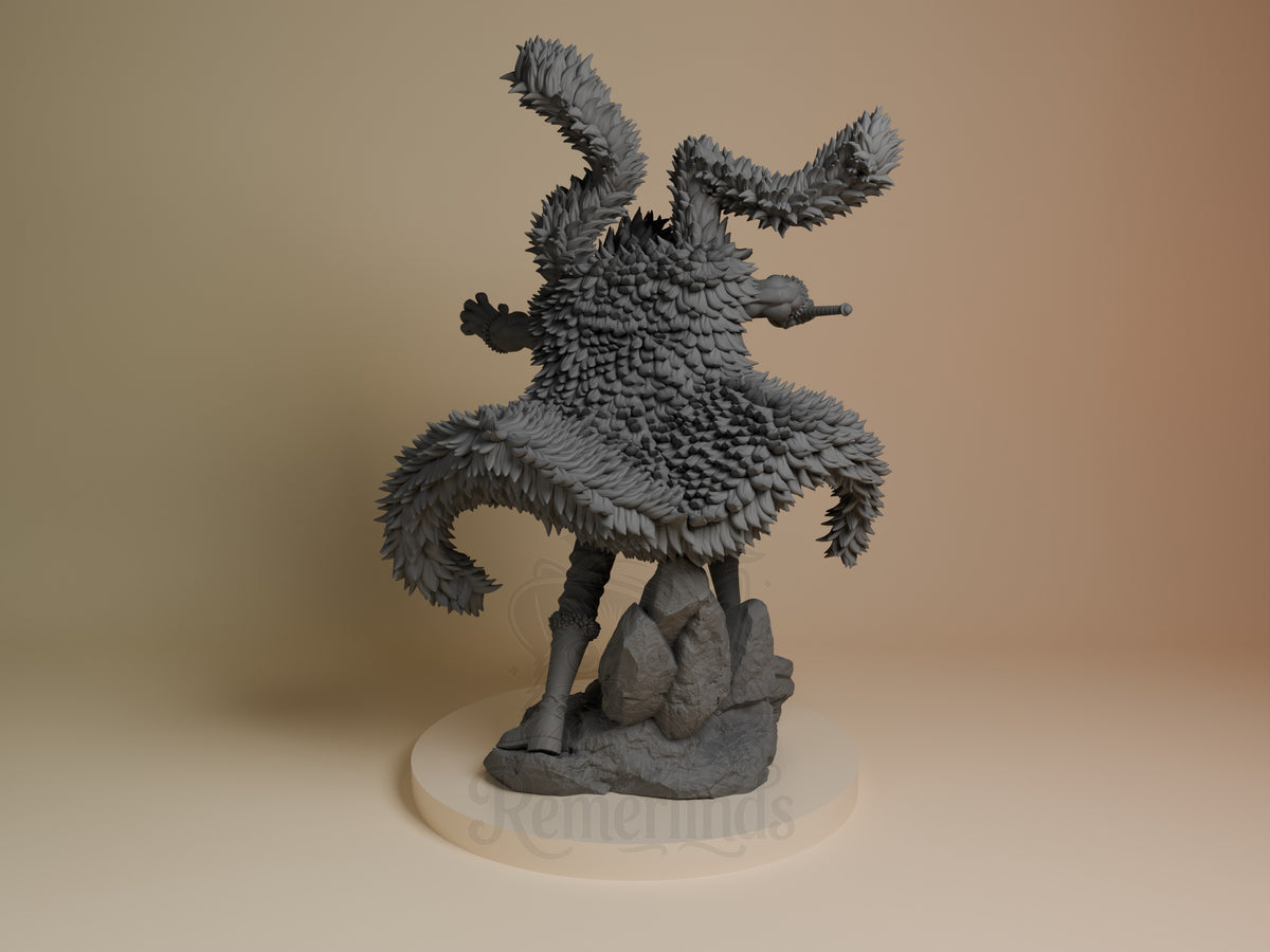 Rocks D. Xebec One Piece resin figure in gray, shown from left angle with arms raised, detailed feathered texture, on rocky base.