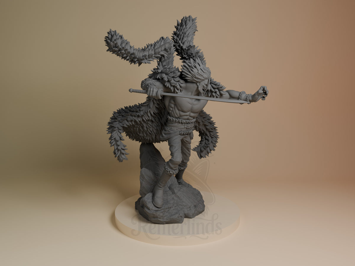Rocks D. Xebec resin figure from One Piece, unpainted gray, shown at right angle wielding staff, fluffy collar and ears prominent, on cream base.
