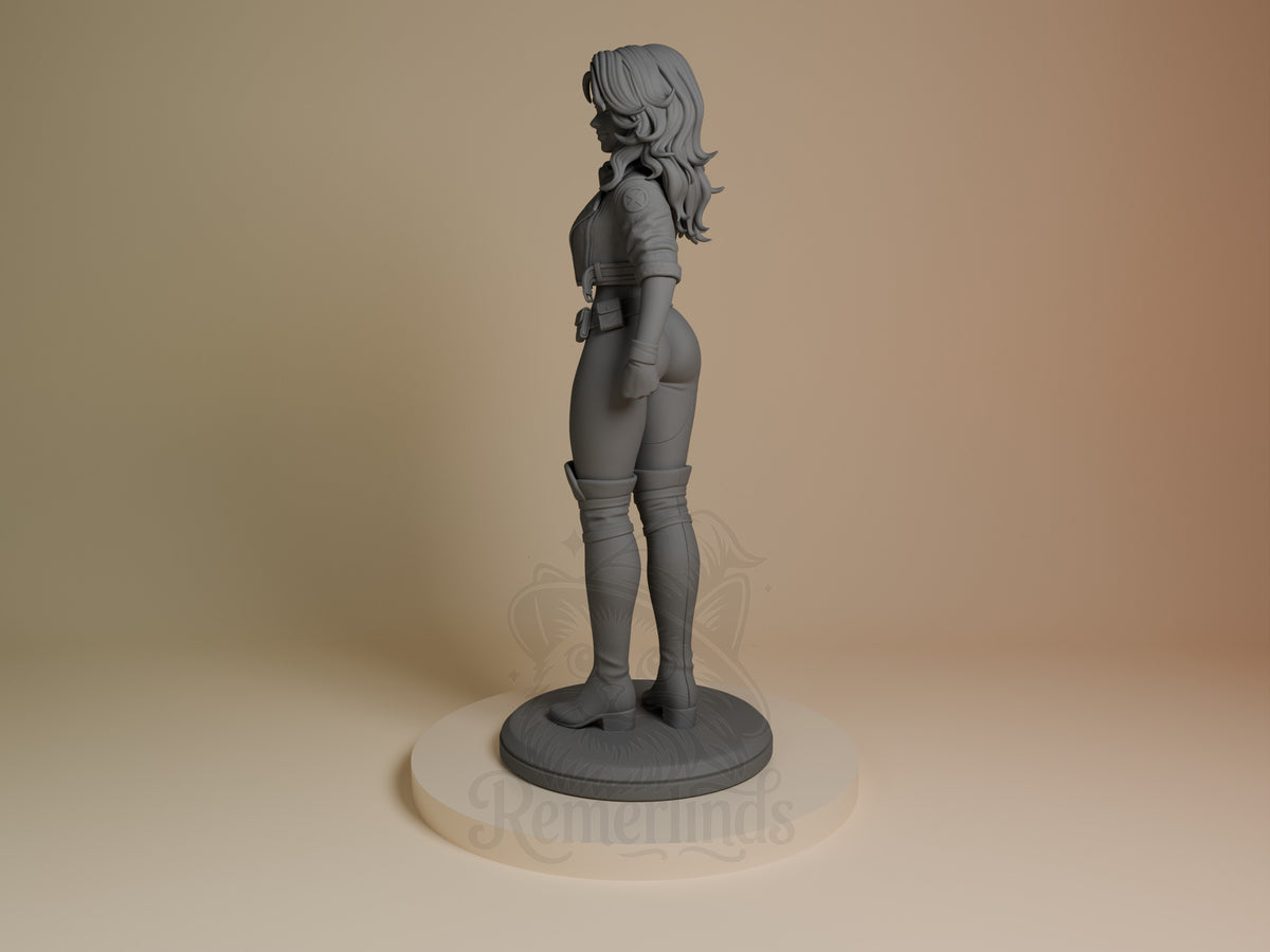Crimson Drifter resin figure from Mutant Heroes shown in side profile angle, unpainted gray polymer, standing on round base, detailed outfit and leg wraps visible.