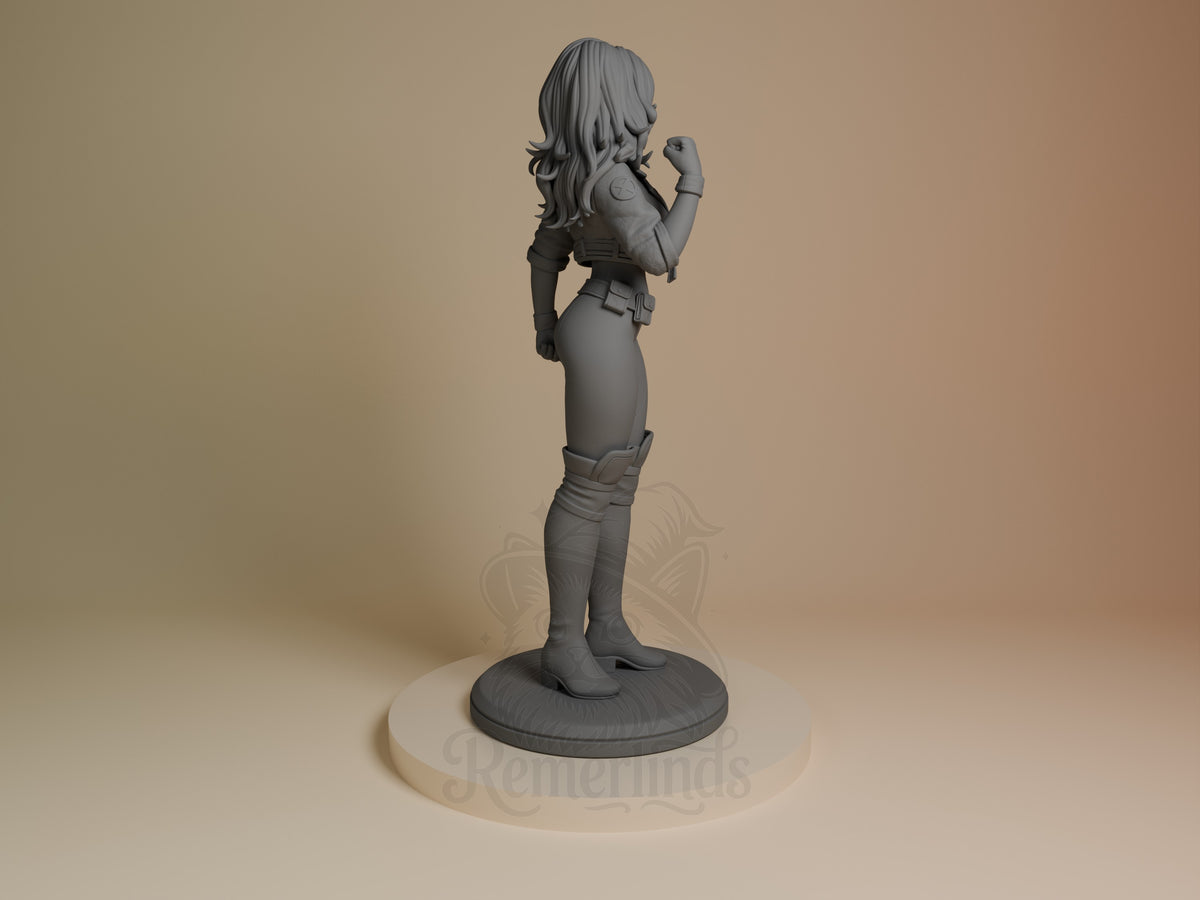 Crimson Drifter resin figure from Mutant Heroes shown from behind, standing on round base, unpainted gray with wavy hair and tactical outfit.